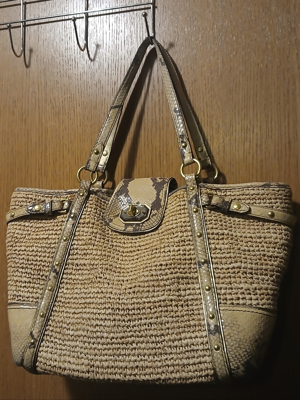 Coach Natalie Straw Python Embossed Leather Tote Bag 16839